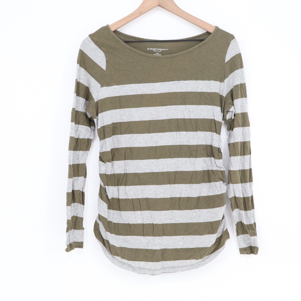 Liz Lange Maternity Top Women M Striped Green Gray Ruched Long Sleeve Excellent